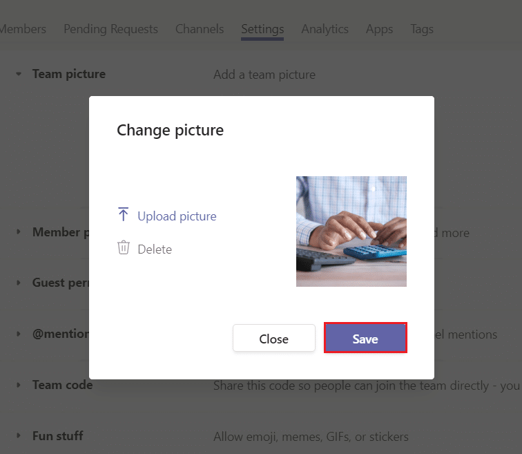 click on Save to change teams avatar in Microsoft Teams