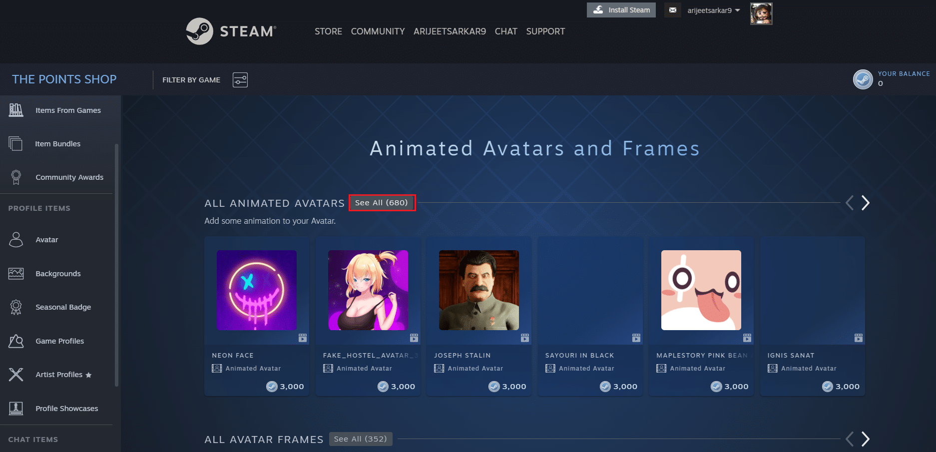 click on See All option besides All Animated Avatars section in Steam Avatar Points Shop page on browser