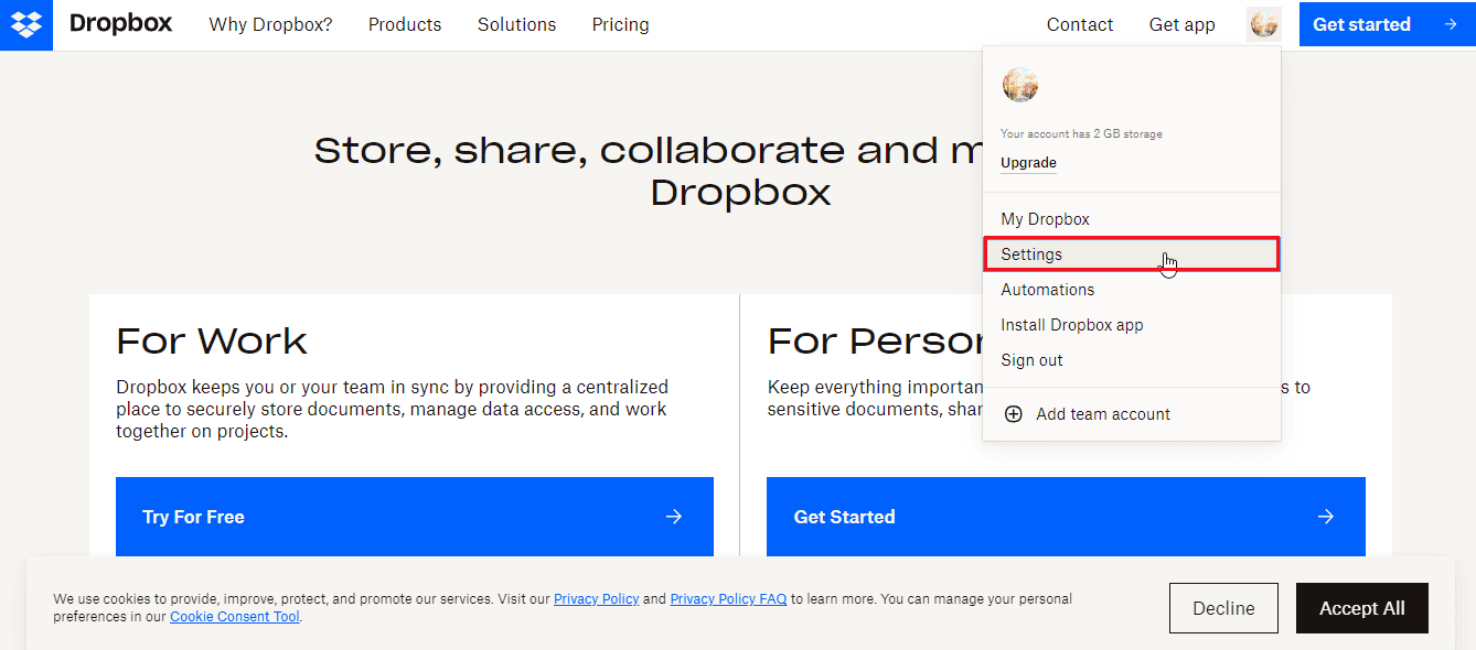 click on Settings in Dropbox