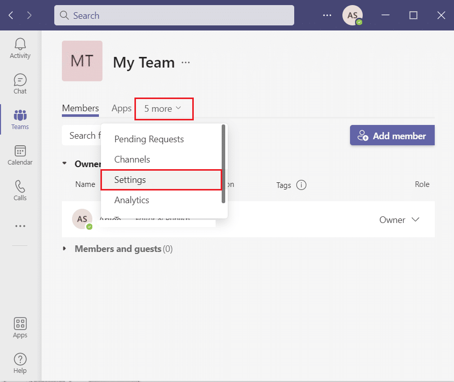 click on Settings in a teams menu