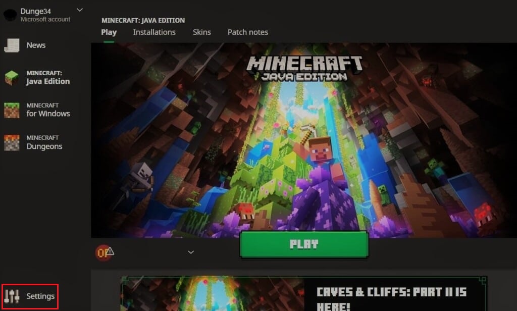 haga clic en Configuración en Minecraft Launcher