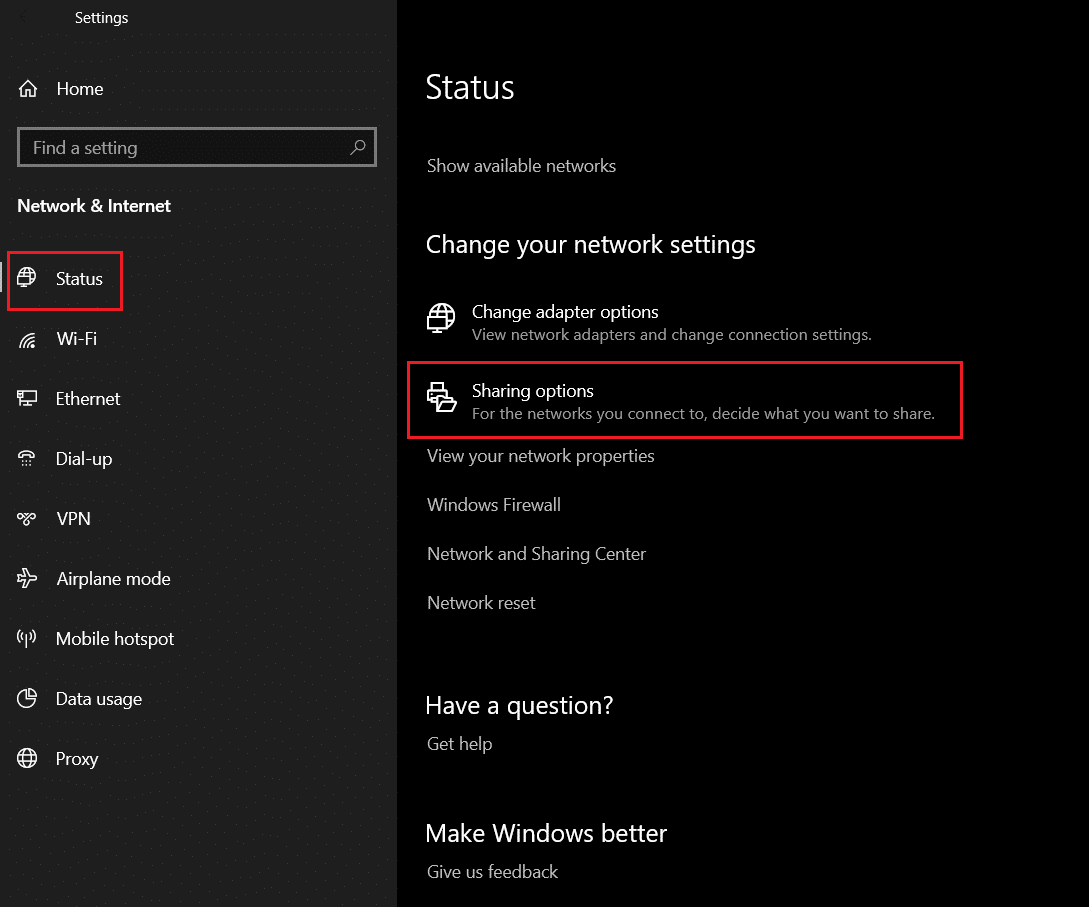 click on Sharing Options in the Network and Internet settings