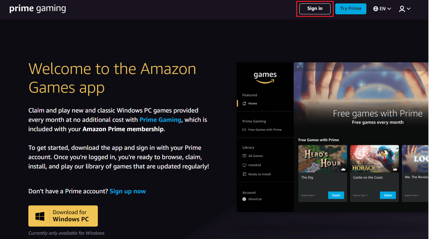 click on Sign in from the top right corner | How to Get Games and Software Library on Amazon | get your Amazon digital code after purchase