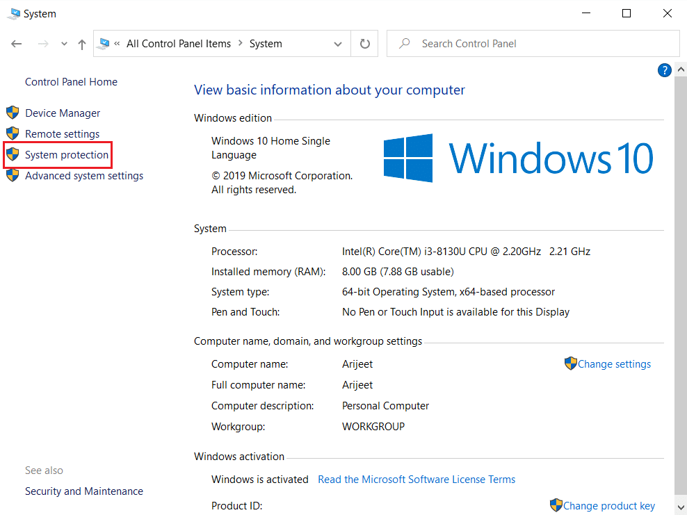 click on System Protection in the System settings window
