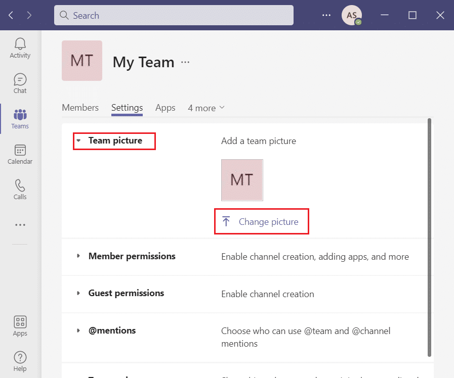 click on Team picture and select Change picture option in Microsoft Teams