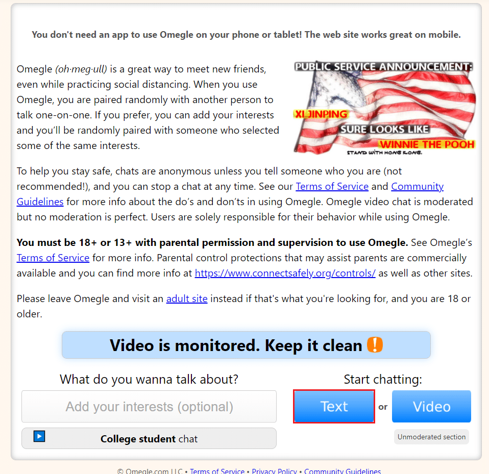 click on Text option in Omegle homepage