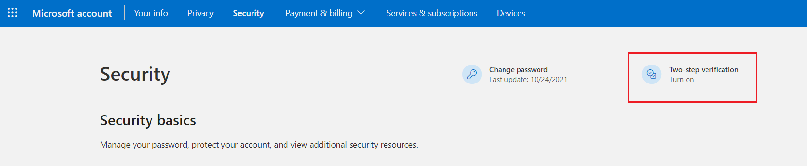 click on Two step verification option in Microsoft Account Settings page
