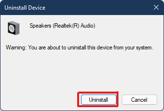 click on Uninstall in the Uninstall device confirmation promt to remove realtek audio driver Windows 11