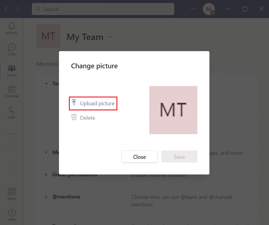 click on Upload picture in Microsoft Teams