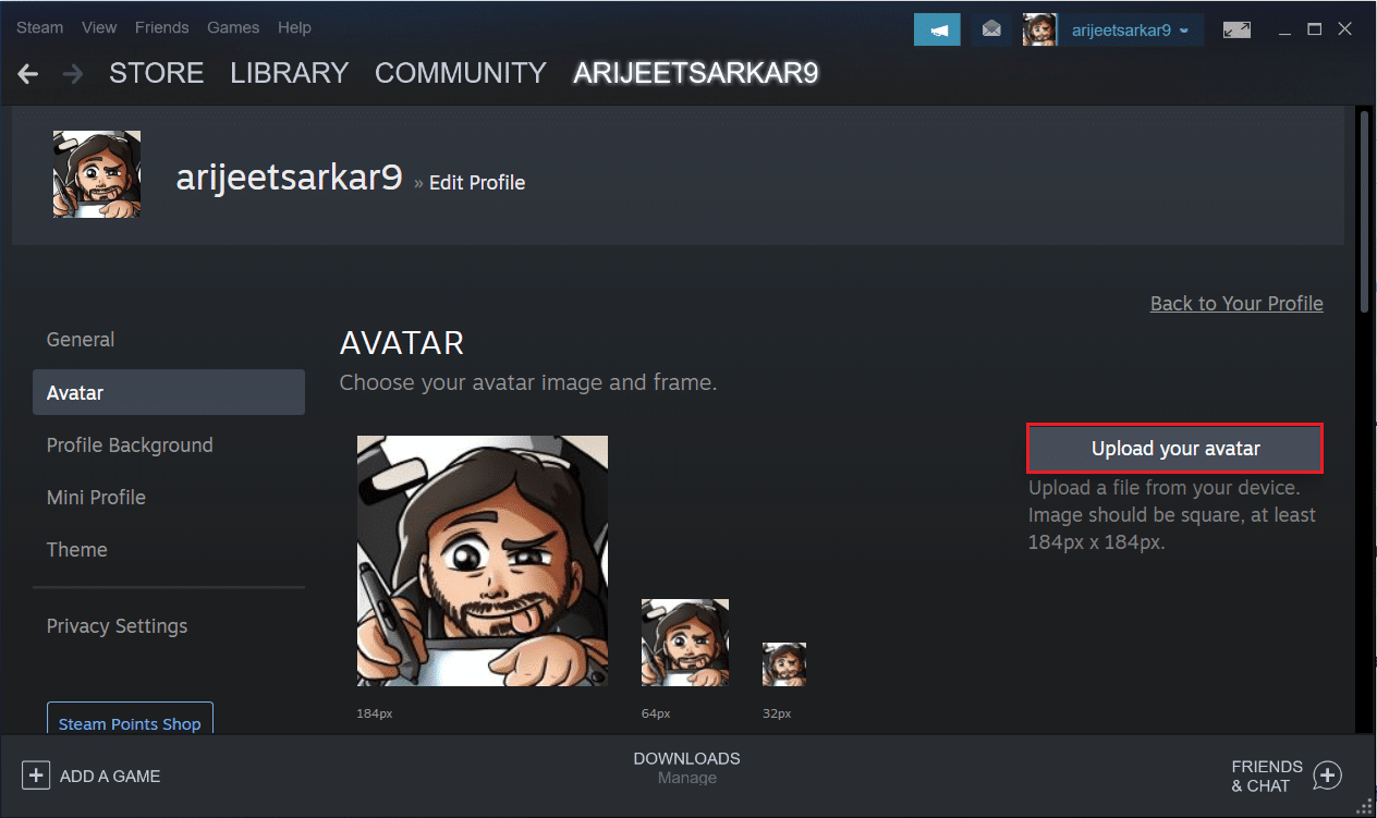 click on Upload your avatar button in Steam app