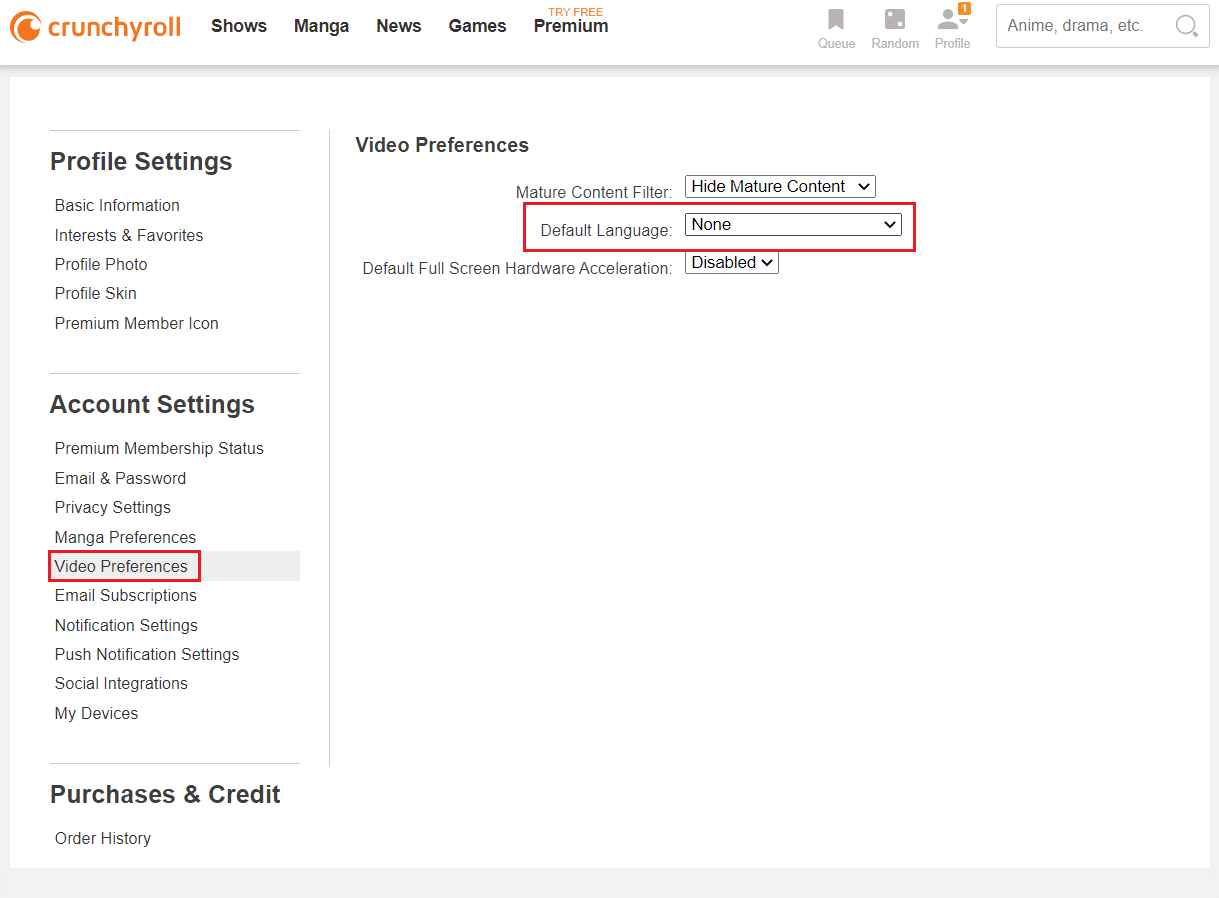 click on Video preference and select Default Language in Crunchyroll webpage settings