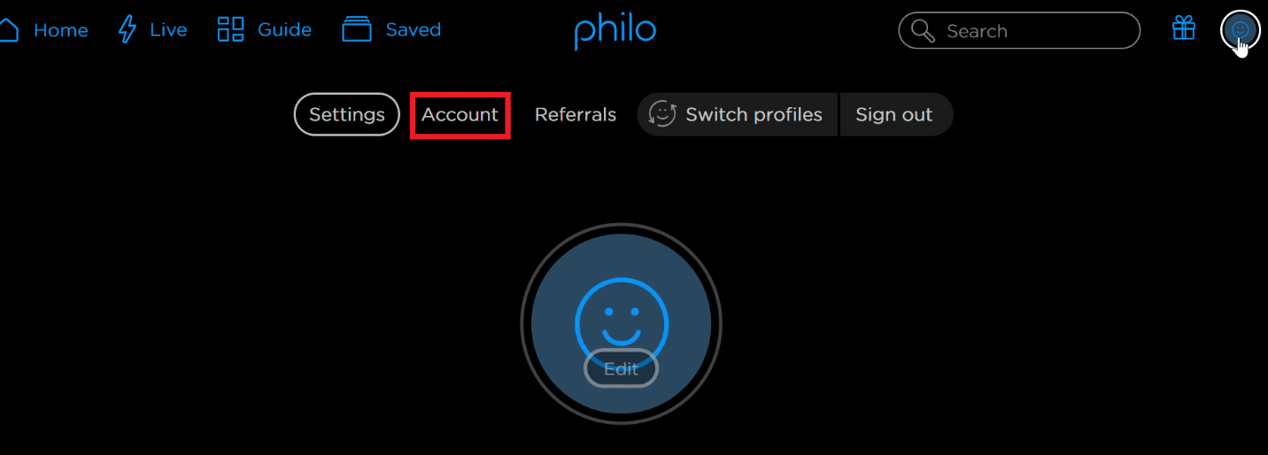 click on account on philo webpage 