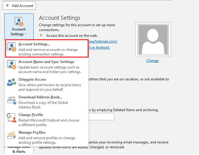 Click on Account Settings and choose Account Settings…