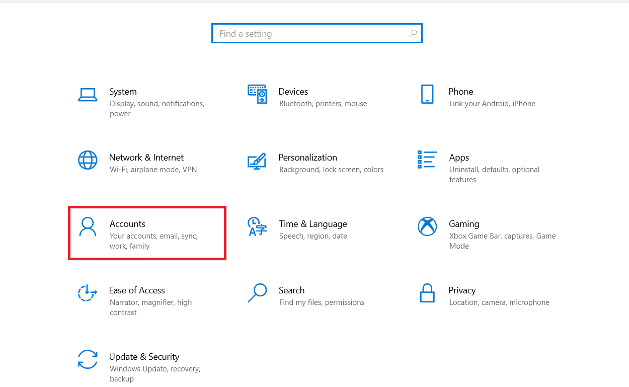 Click on Accounts. Fix A Specified Logon Does Not Exist in Windows 10