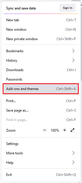 click on add ons and themes in Mozilla firefox menu options