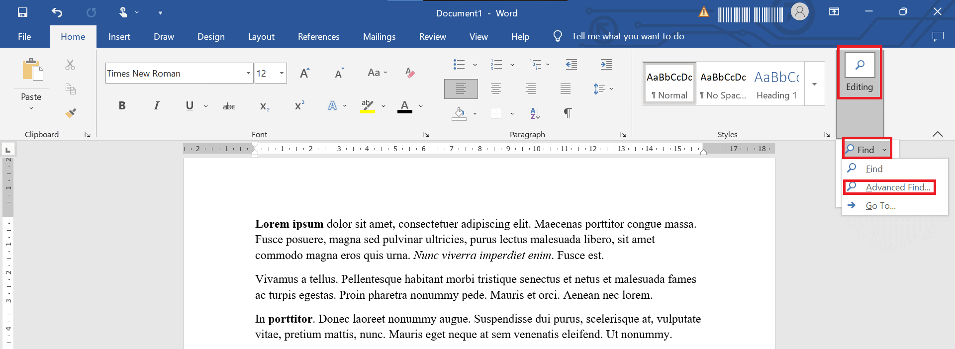 Click on Advanced Find. How to Find the Next Instance of Text Formatted in Bold