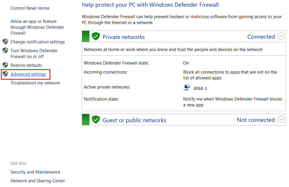 click on advanced settings in Windows Defender Firewall