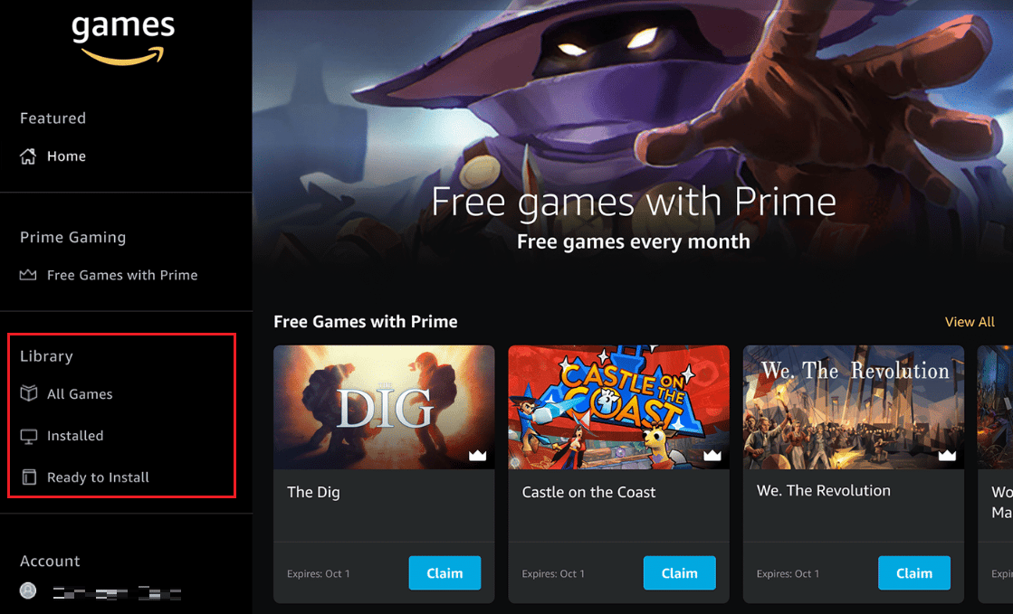 click on any of the following options from the Library section in the left pane | are Amazon Prime and Prime Gaming the same