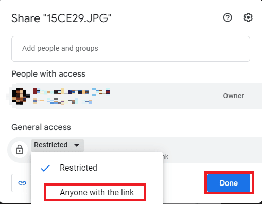 Click on Anyone with the link, and then click Done | Gmail signature images not displaying