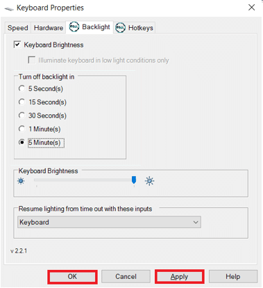 Click on Apply to save changes and OK to exit. How to Set Keyboard Backlight Settings Dell