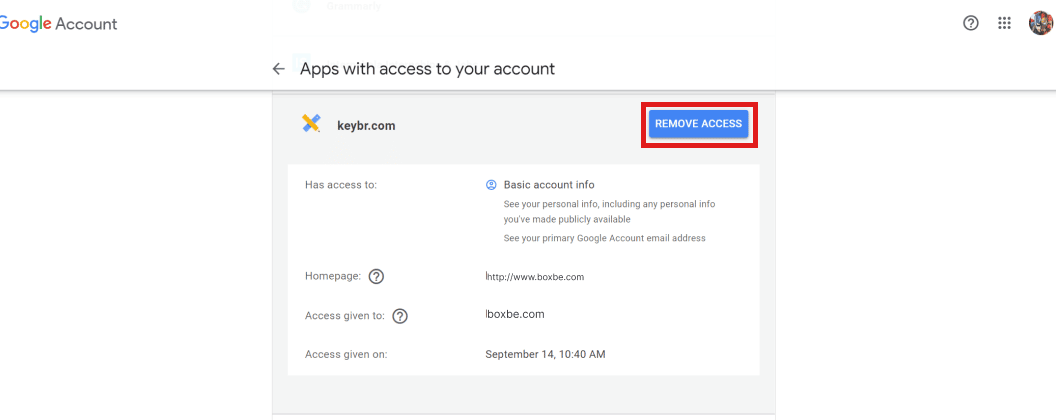Click on Boxbe and then on REMOVE ACCESS