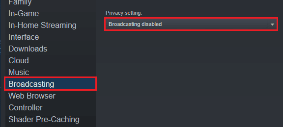 Click on Broadcasting and select Broadcasting disabled option. Fix Steam Client Bootstrapper High CPU on Windows 10