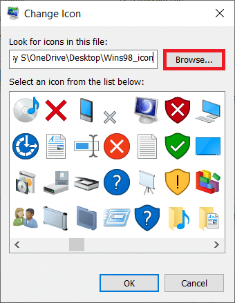 Нажмите «Обзор…» Как установить значки Windows 98