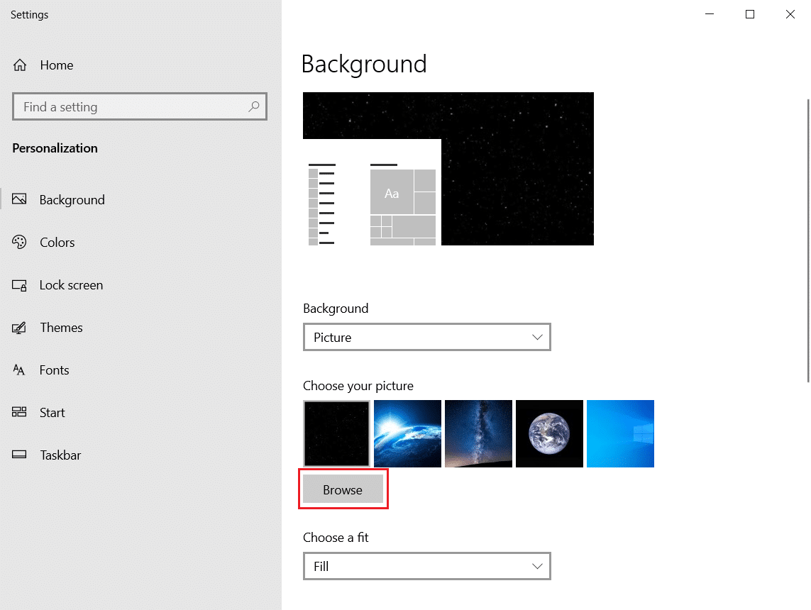 click on browse button in the personalise setting. How to Create Minimalist Desktop on Windows 10