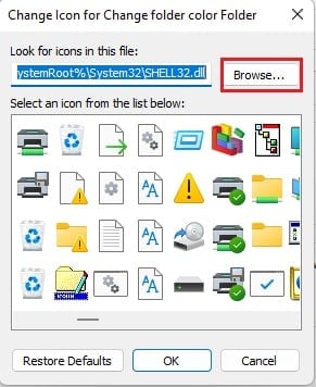 Haga clic en Examinar… para elegir el archivo de icono descargado del sitio web de ICONS8