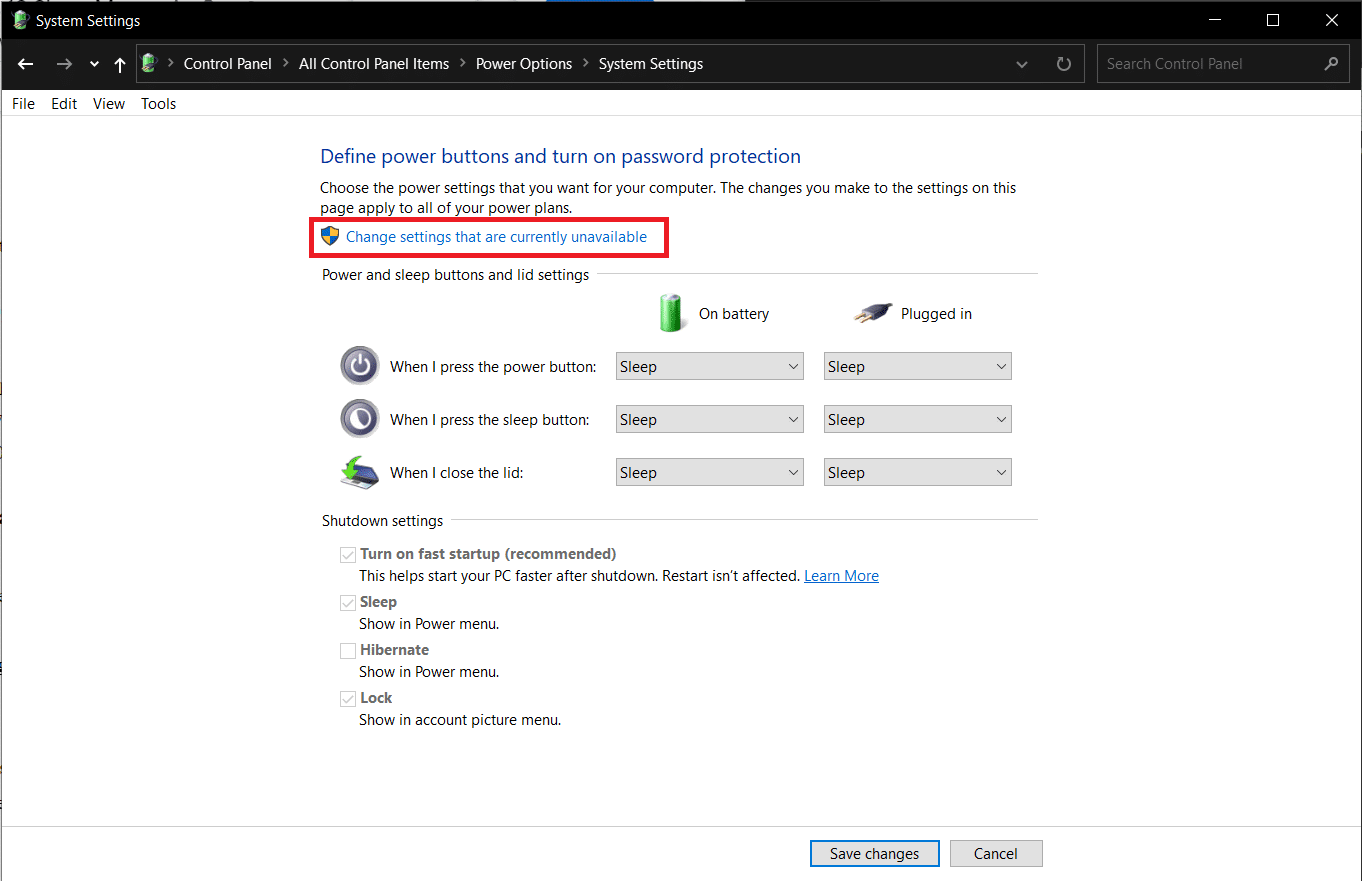 Click on Change settings that are currently unavailable to unlock the Shutdown settings section. 