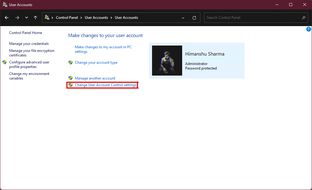 click on change user account control settings Windows 11
