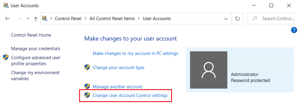 click on change user account control settings option in the User Accounts