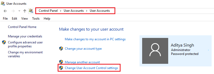 click on change user account control settings