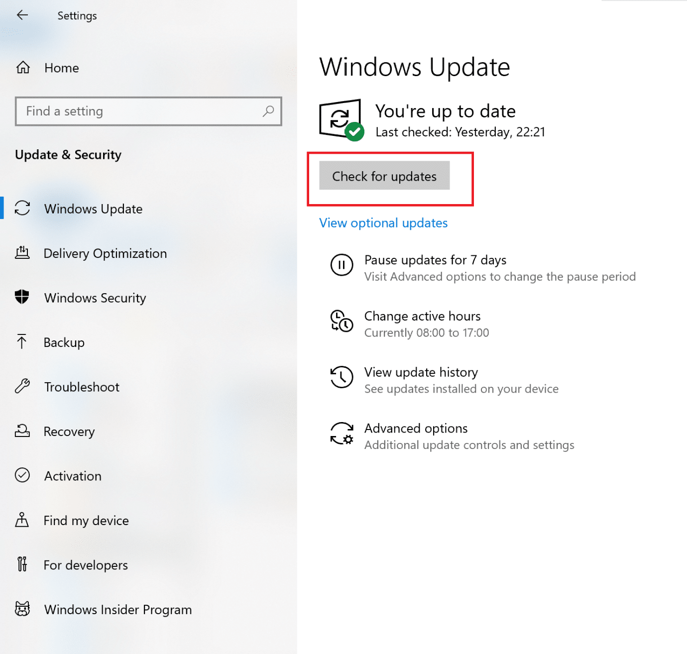 Fare clic su Verifica aggiornamenti nel riquadro di destra | Correggi il codice di errore Broccoli di Destiny 2 su Windows 10