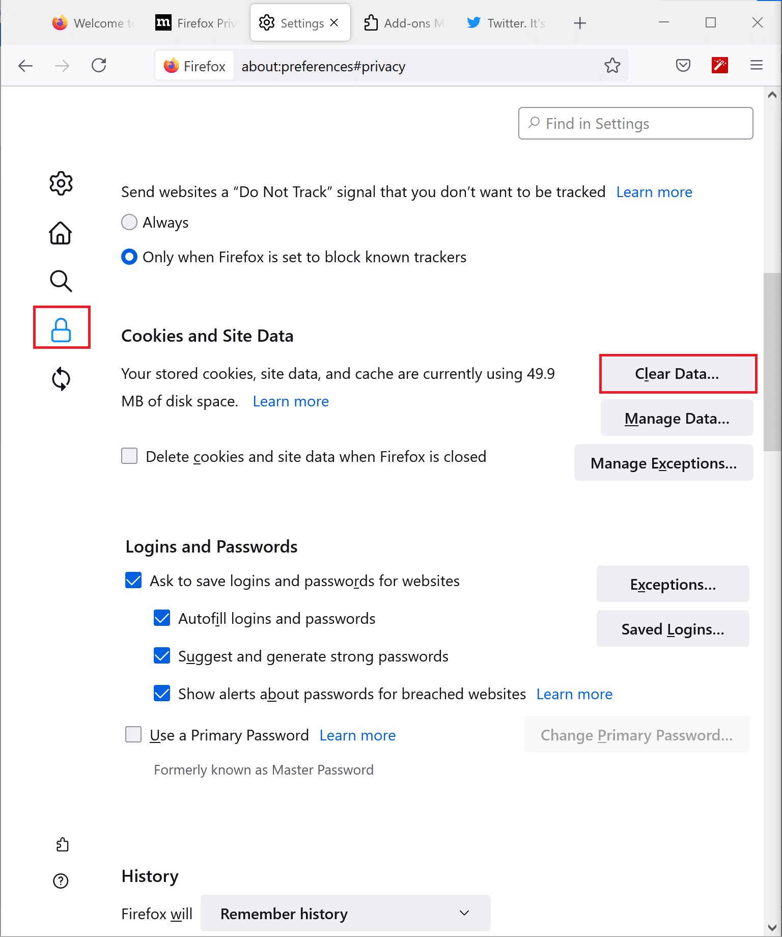 Click on Clear data in Privacy and Security tab of Firefox