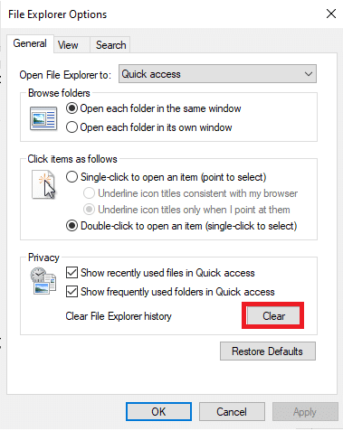 Click on Clear next to Clear File Explorer history. How to Fix File Explorer Not Responding in Windows 10