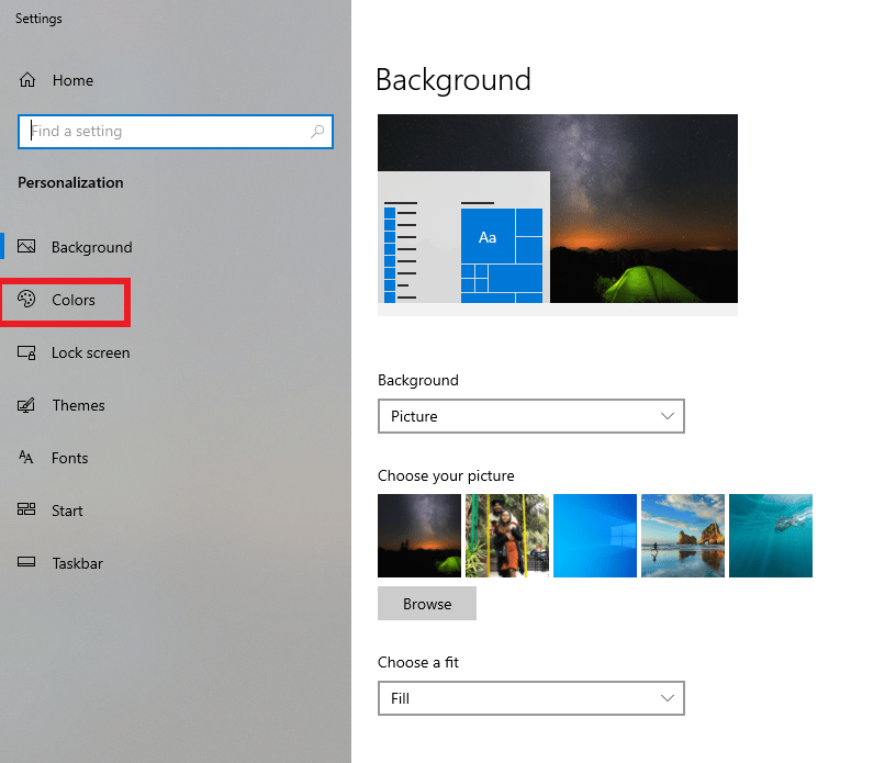 Click on colors. Fix File Explorer Dark Theme Not Working on Windows 10