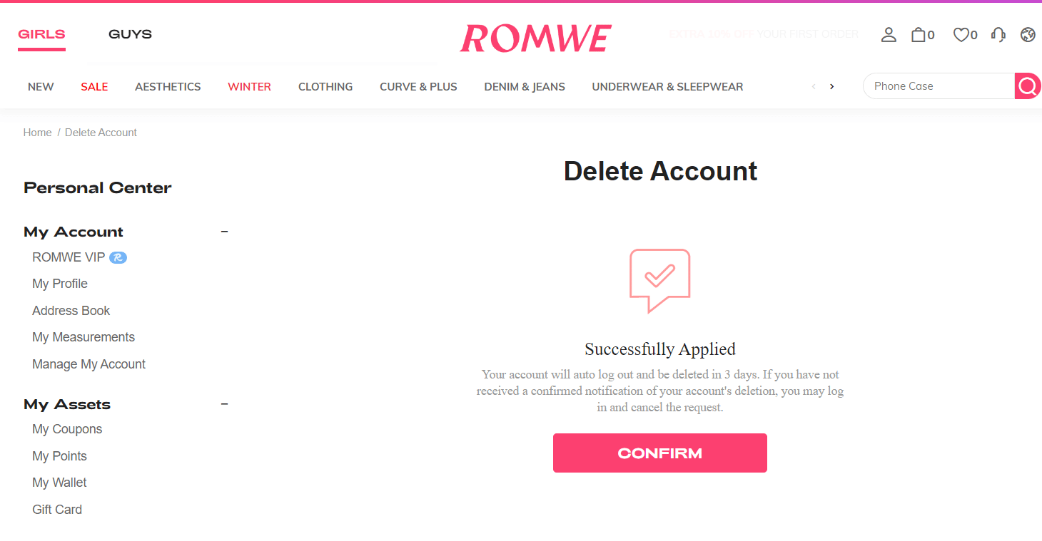 click on CONFIRM on romwe