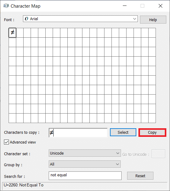 Click on Copy. How to Type Does Not Equal Sign