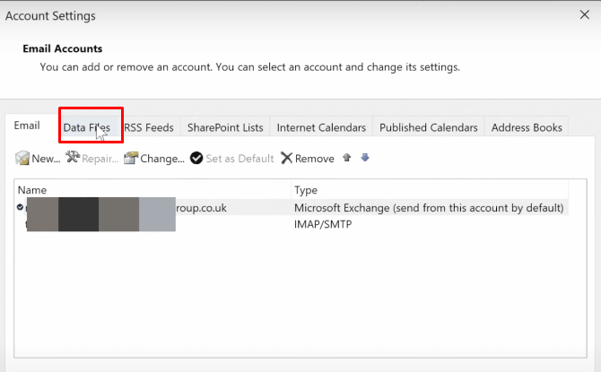  Click on Data Files option to switch to the Data Files tab. | What is the Outlook Yellow Triangle? | exclamation point on your email icon