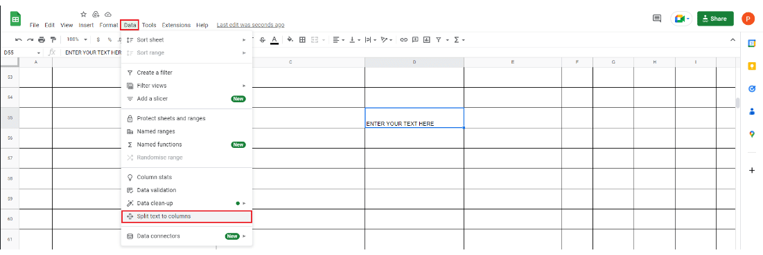 click on data followed by split text to columns
