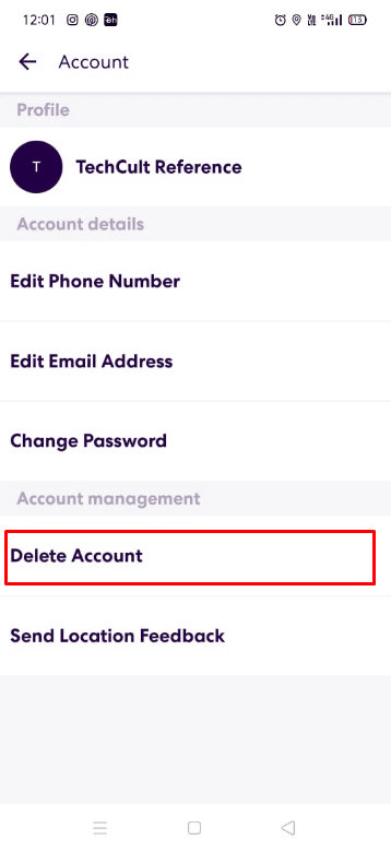 Click on Delete Account as depicted below.