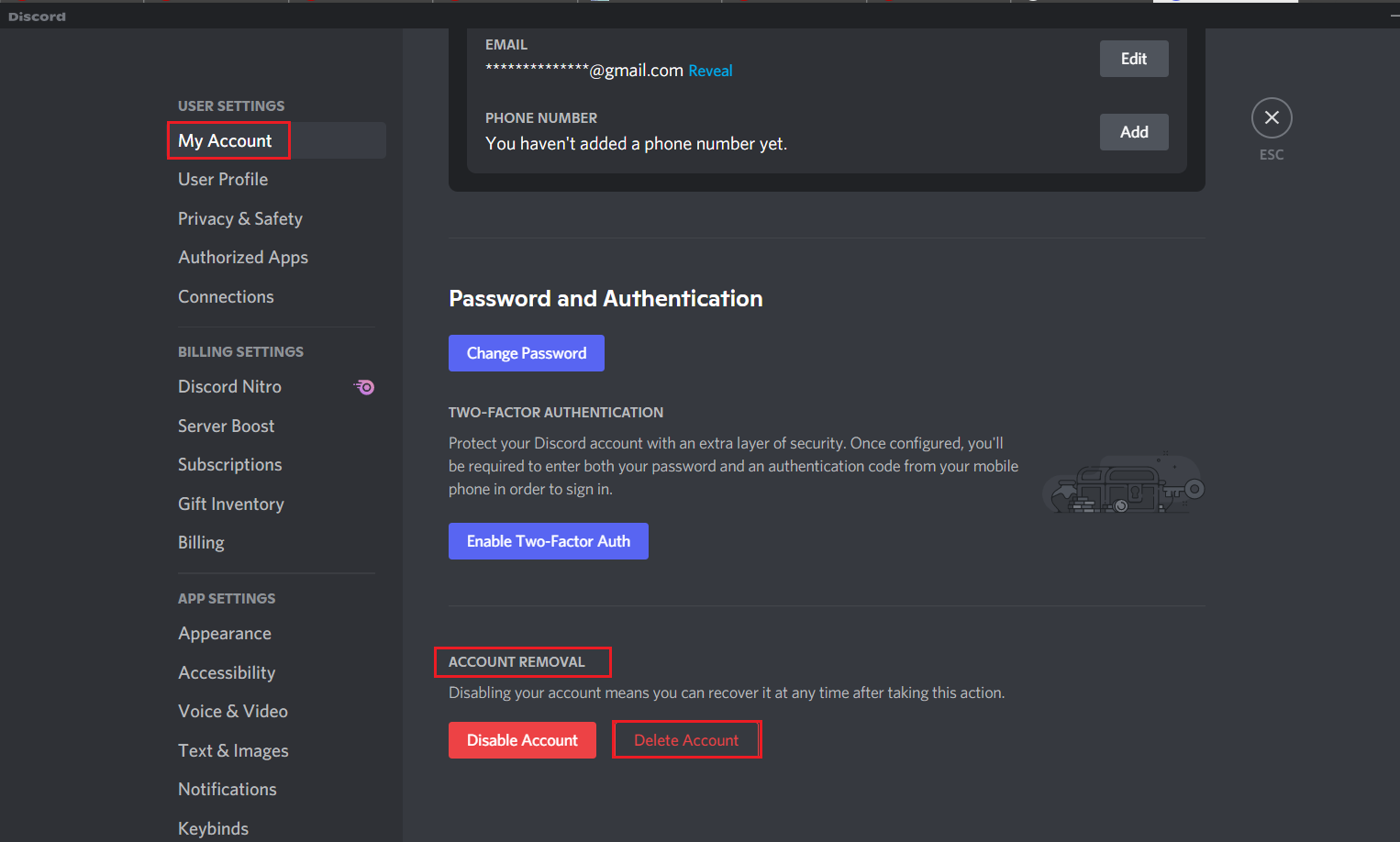 click on delete account in My Account menu in Discord application or program