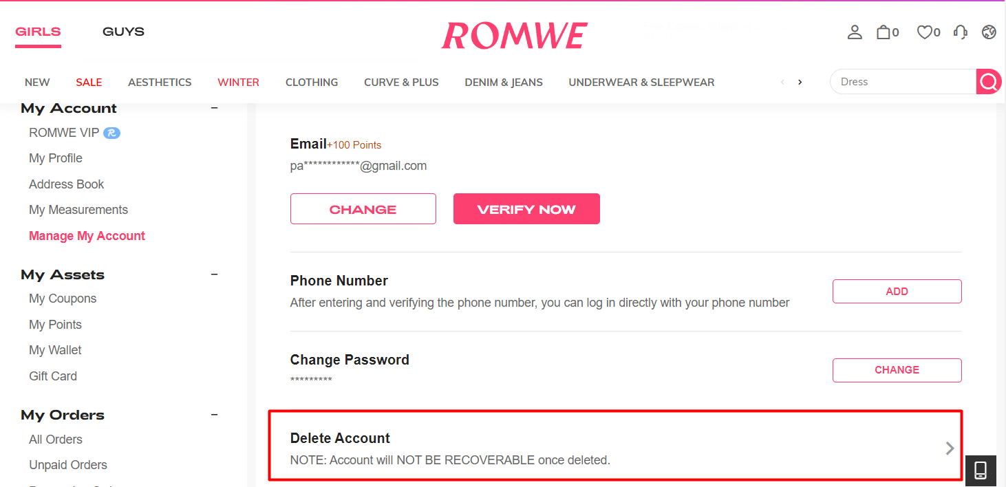 romwe에서 계정 삭제를 클릭하세요.