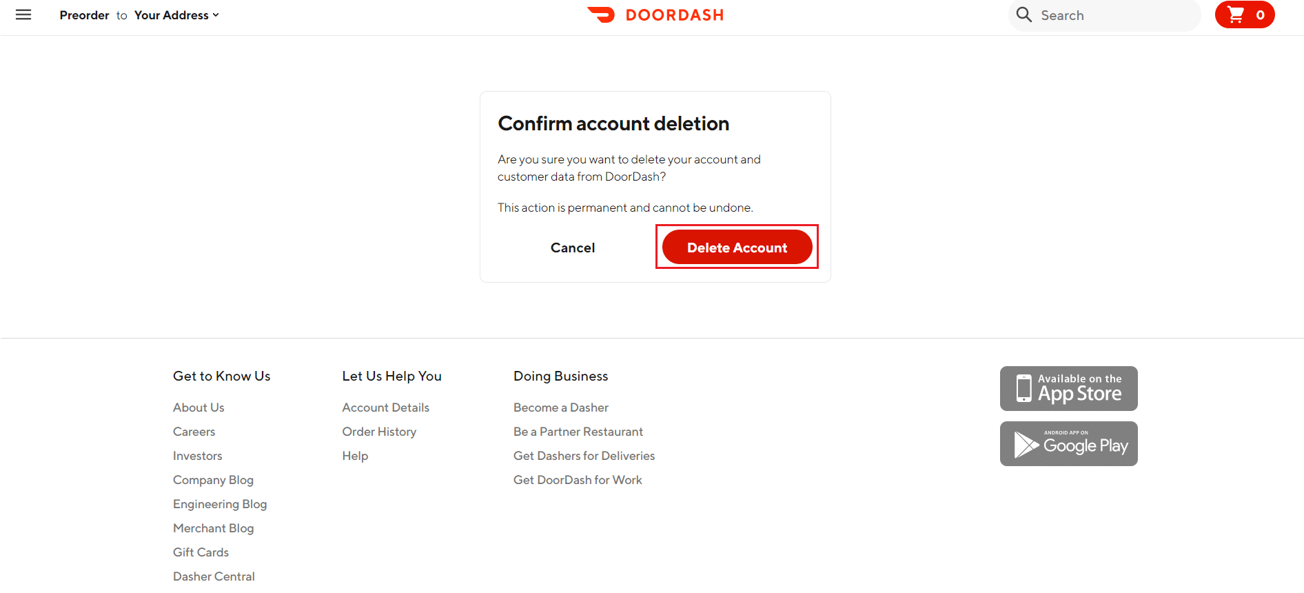 click on delete account to confirm account deletion in DoorDash website