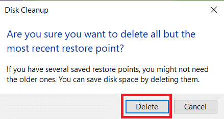 Нажмите «Удалить» в запросе подтверждения, чтобы удалить все старые файлы установки Win, кроме последней точки восстановления системы.