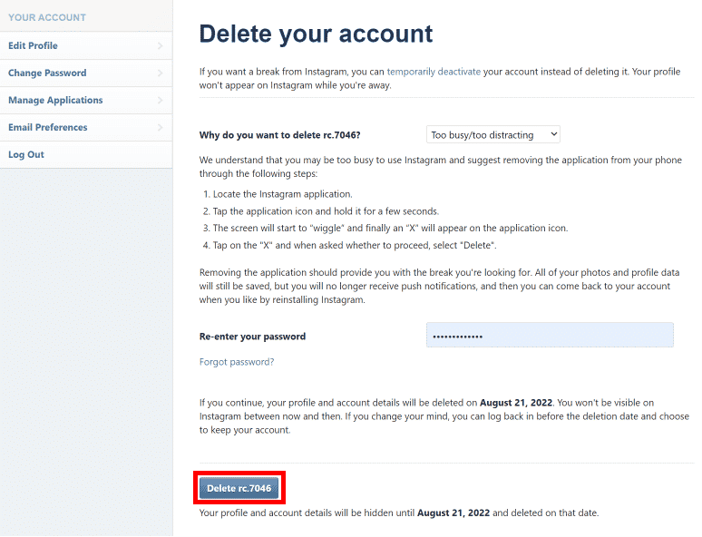 Click on Delete your username button. | How to Remove Your Instagram Account from Phone