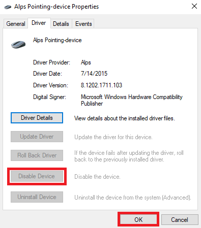 click on Disable Device option and click OK to save changes