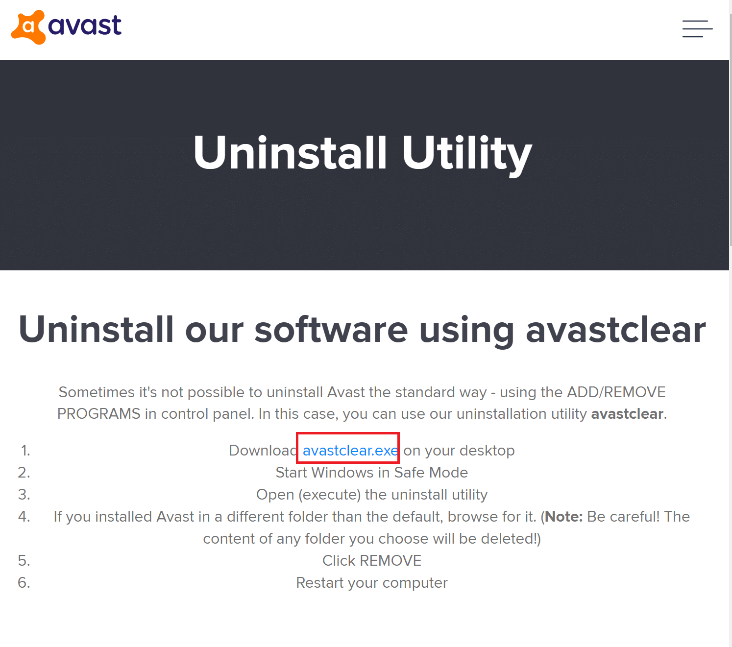 Click on Download Avastclear.exe to get the Avast Uninstall Utility