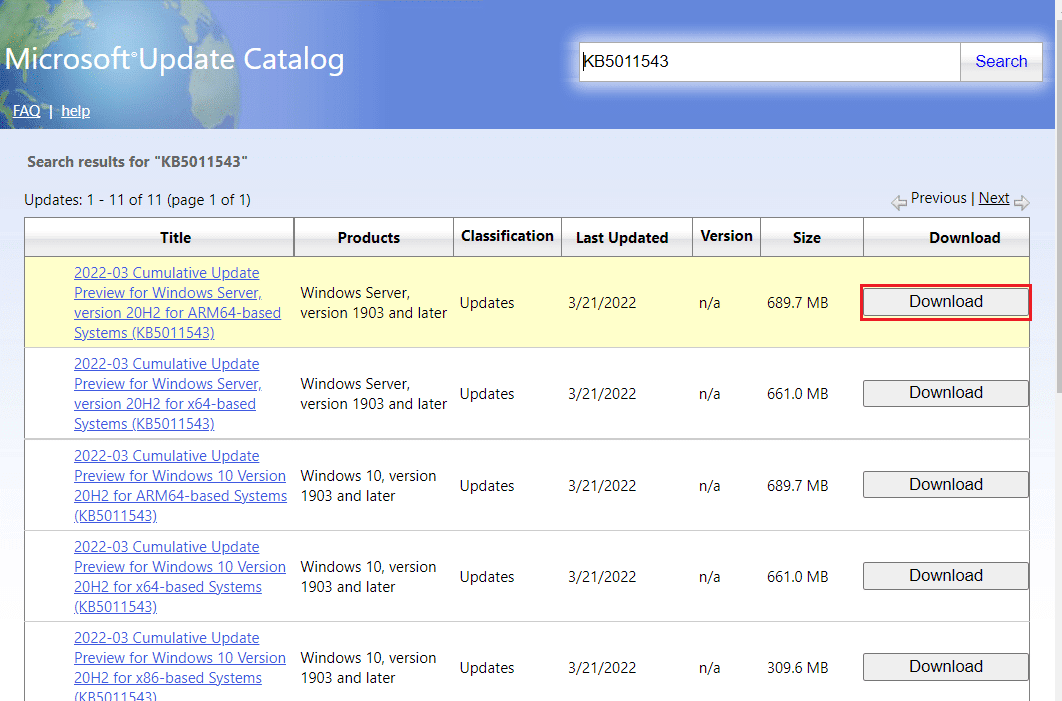 Microsoft Update Catalog صفحہ میں کسی خاص اپ ڈیٹ کے لیے ڈاؤن لوڈ آپشن پر کلک کریں۔